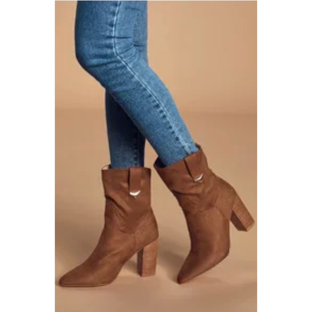 Lulus Brown Faux Suede Pointed Toe Slouchy Block Heel Boots Women 8 Western Boho